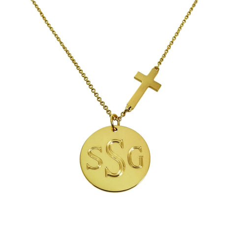 Engraved Disc with Sideways Cross Necklace