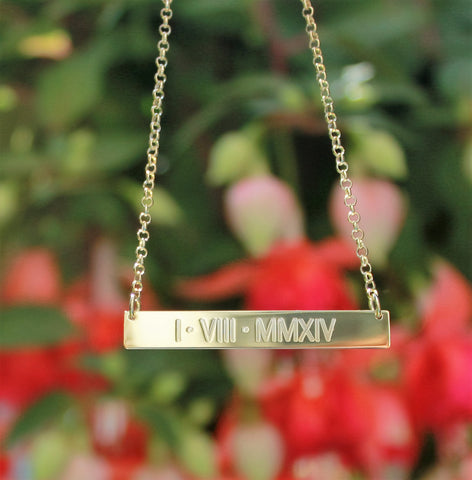 Gold bar necklace sales engraved roman numerals