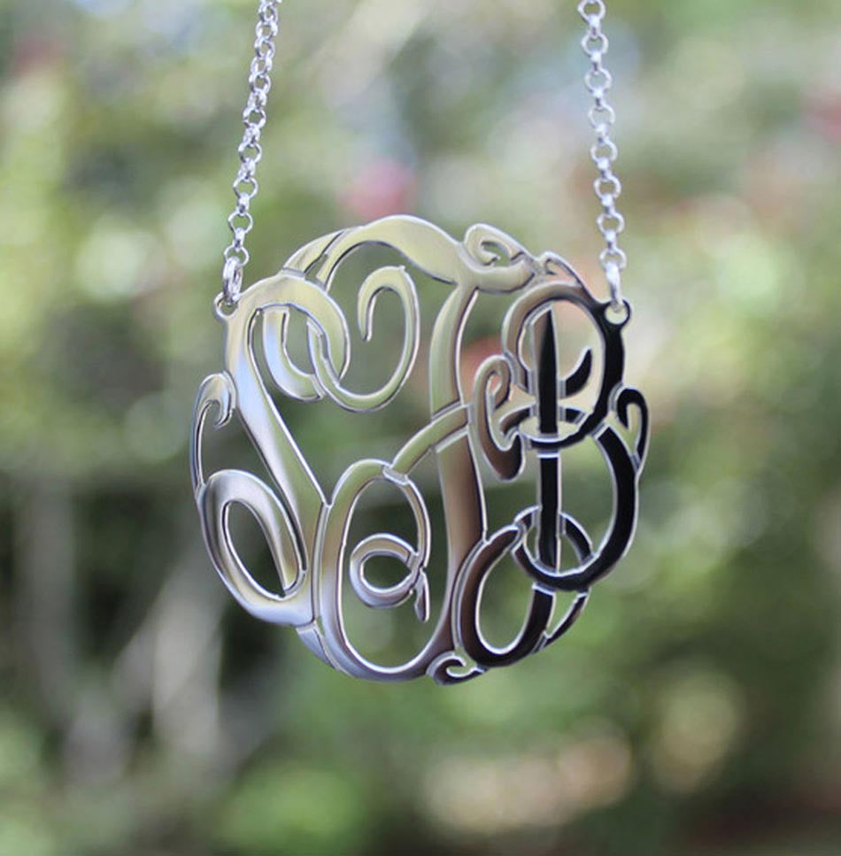 Monogram Necklace - Sterling Silver Fancy Script 1 5/8 inch / Sterling Silver / No Rush